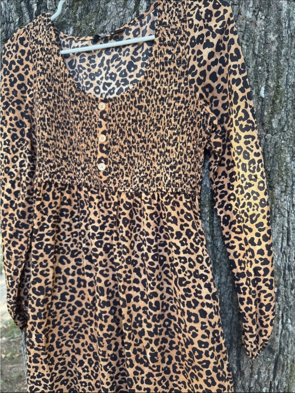 Smocked Leopard-Print Casual Dress in Brown/Black